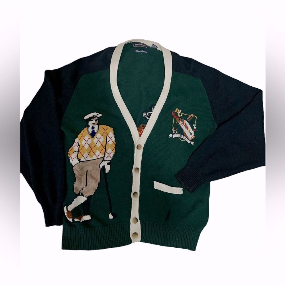 Vtg Hathaway Hand Intarsia Color Block Cotton Cardigan vintage golf